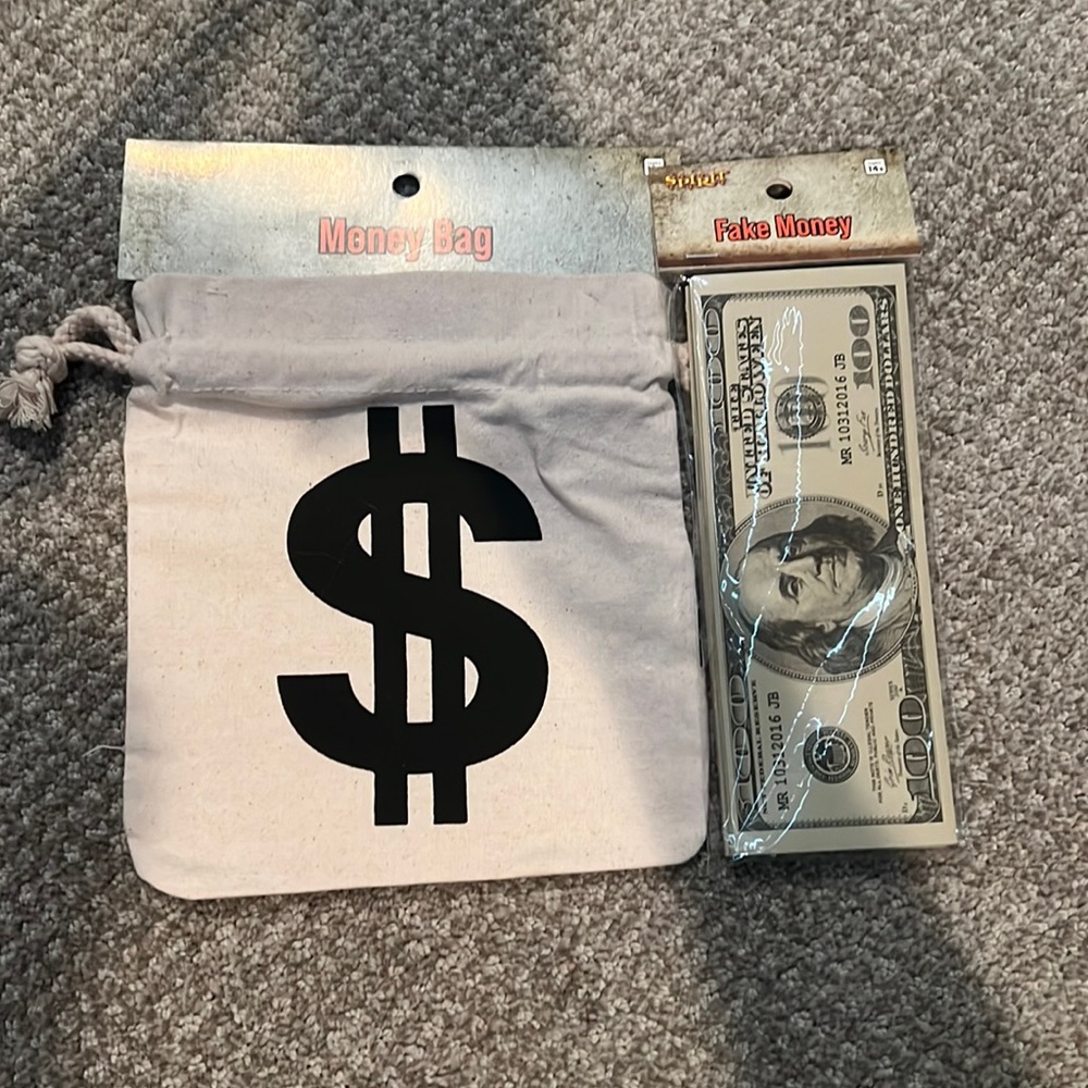 Spirit Halloween fake money and money bag
